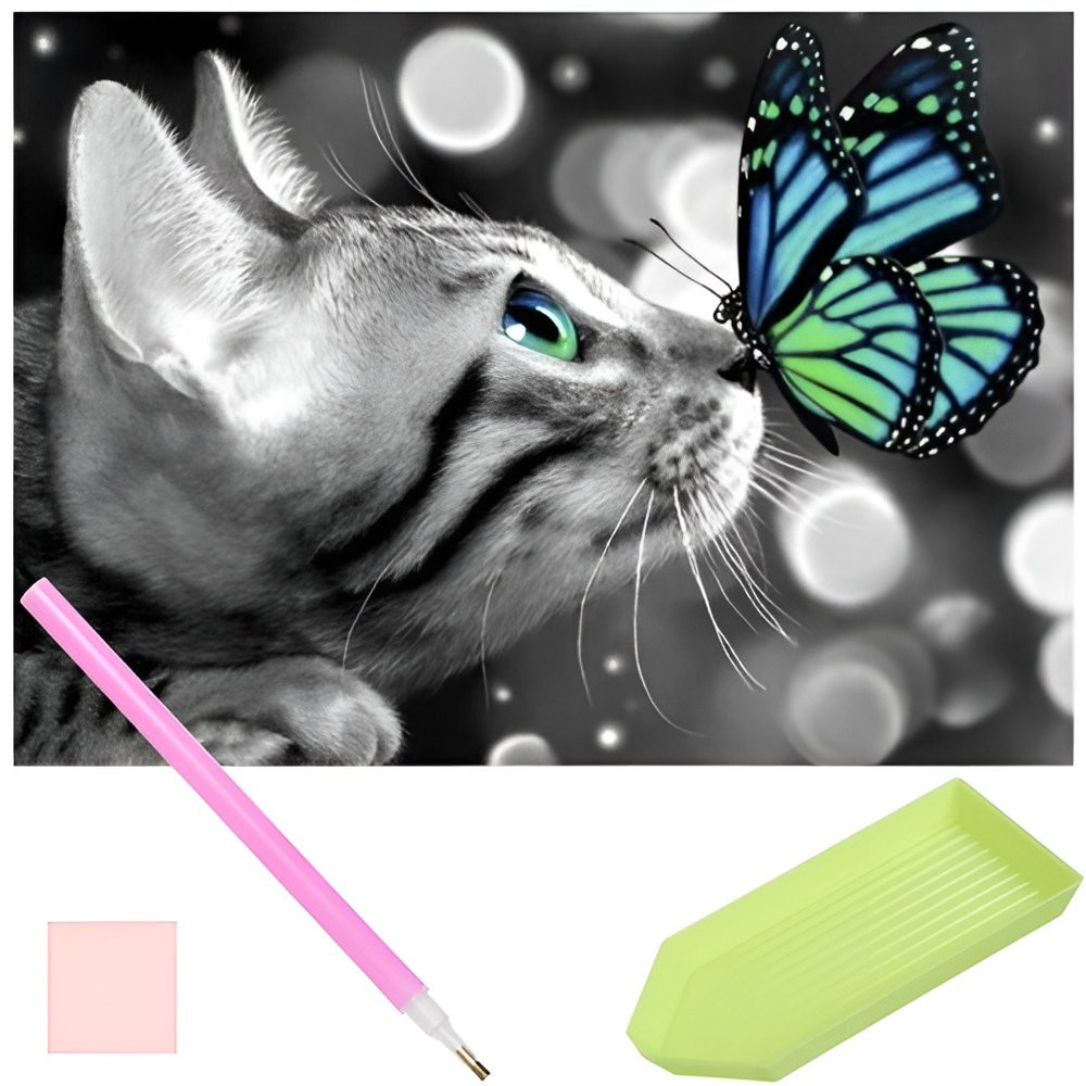 Diamantové malování - kočka a motýl