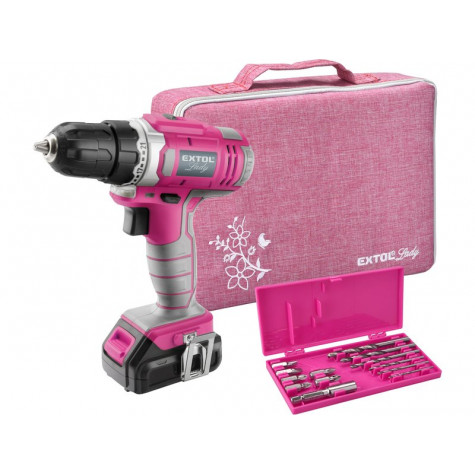 Extol Lady Růžový Aku vrtací šroubovák, 12V Li-ion, 1300mAh, sada v tašce pro ženy ~ 1