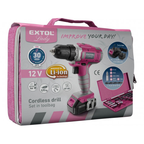 Extol Lady Růžový Aku vrtací šroubovák, 12V Li-ion, 1300mAh, sada v tašce pro ženy ~ 2