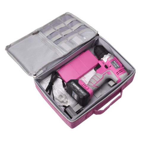 Extol Lady Růžový Aku vrtací šroubovák, 12V Li-ion, 1300mAh, sada v tašce pro ženy ~ 7