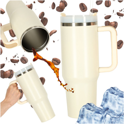 Termohrnek s uchem a brčkem 1200 ml krémový ~ 1