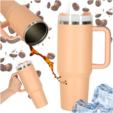 Termohrnek s uchem a brčkem 1200 ml pudrově růžový ~ 1