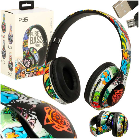 Bezdrátová sluchátka na uši P35 Bluetooth Grafiti barevná ~ 1