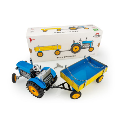 Kovap Traktor Zetor s valníkem modrý na klíček kov v krabičce 32x13x11cm
