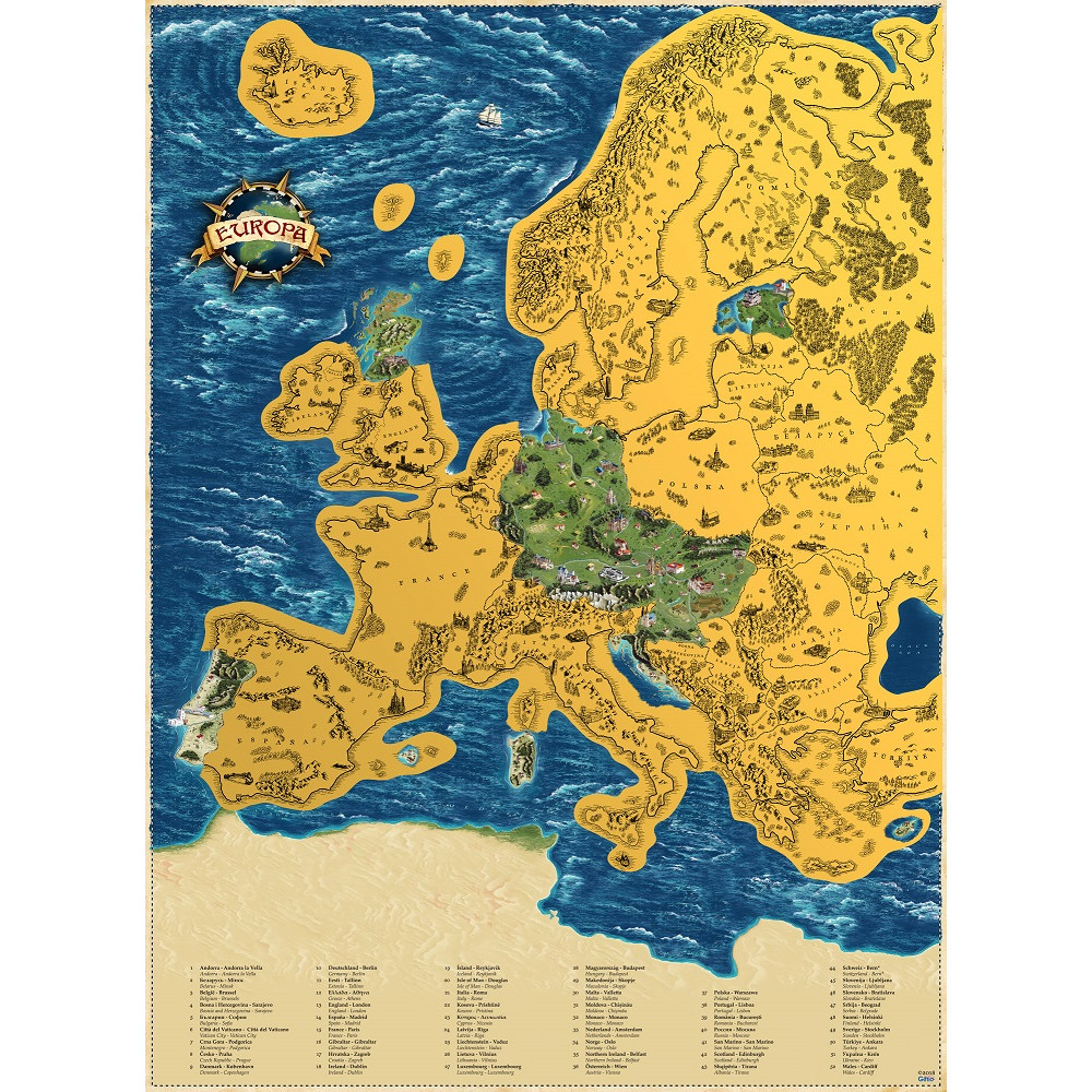 Stírací mapa Evropy DELUXE XL - zlatá