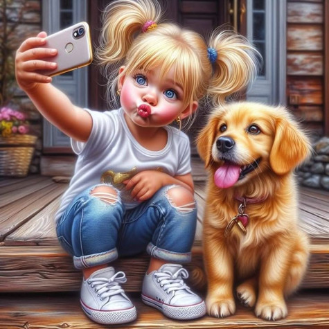 Norimpex Diamantový obrázek malování 30x40cm - Selfie dívka s pejskem ~ 2