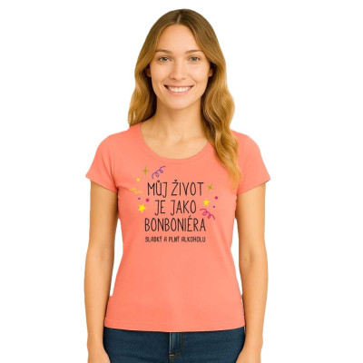 Tričko dámské - Můj život je jako bonboniéra - coral