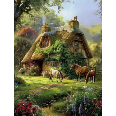 Norimpex Diamantový obrázek malování 30x40cm - Lesní chata a koně ~ 1