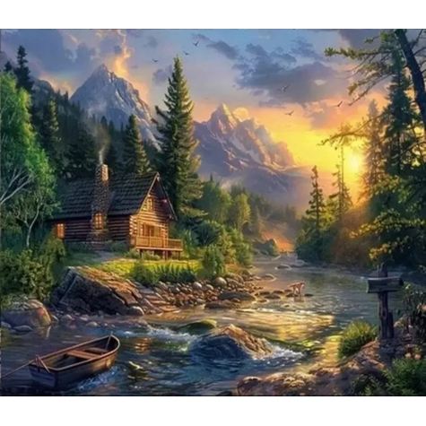 Norimpex Diamantový obrázek malování 30x40cm - Dům v horách nad řekou ~ 1