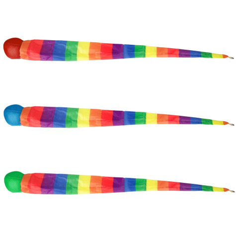 Míček měkký s dlouhým ocáskem látka 100cm duhový ~ 3