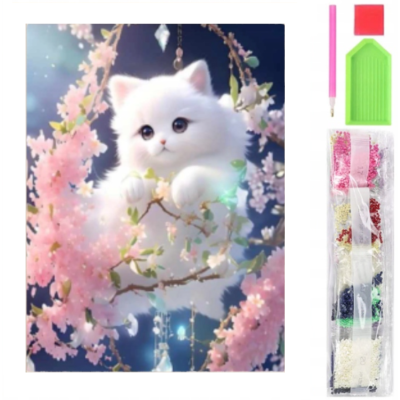 Norimpex Diamantový obrázek malování 30x40cm - Bílé kotě na větvi