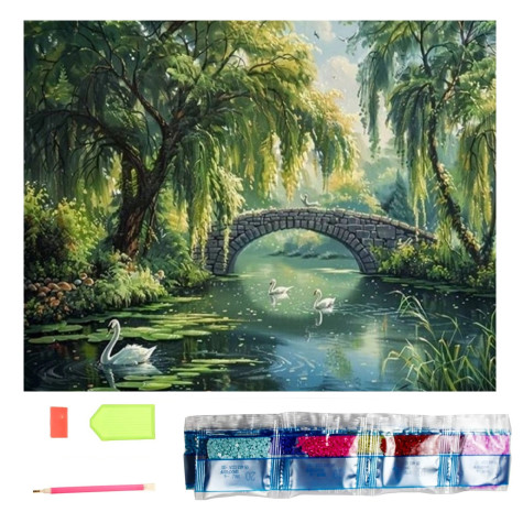 Norimpex Diamantový obrázek malování 30x40cm - Kamenný most přes řekou v hustém lese ~ 1