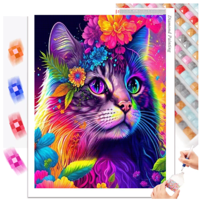 Norimpex Diamantový obrázek malování 30x40cm - Barevná kočka s květinami