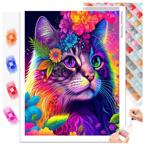 Norimpex Diamantový obrázek malování 30x40cm - Barevná kočka s květinami ~ 1