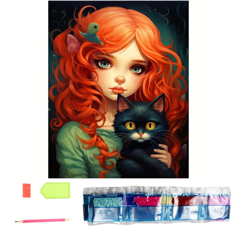 Norimpex Diamantový obrázek malování 30x40cm - Rusovláska s černou kočkou ~ 1