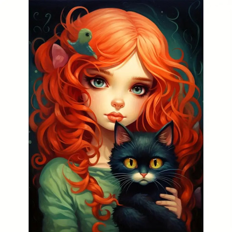 Norimpex Diamantový obrázek malování 30x40cm - Rusovláska s černou kočkou ~ 2