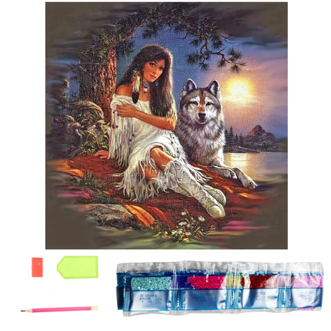Norimpex Diamantový obrázek malování 30x40cm - Indiánka a vlk ~ 1