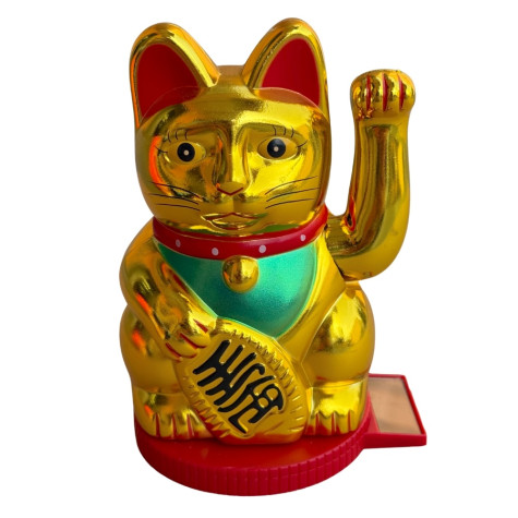 Kočka štěstí Maneki Neko mávající 14 cm solární zlatá ~ 1