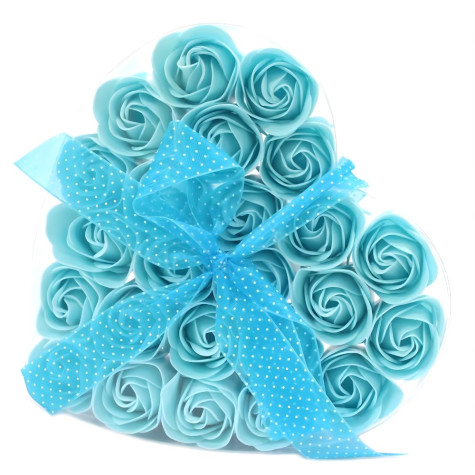 Mýdlové květy růže v dárkové krabičce srdce 24 ks modré ~ 1