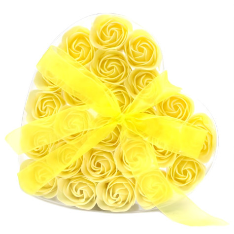 Mýdlové květy růže v dárkové krabičce srdce 24 ks žluté ~ 1