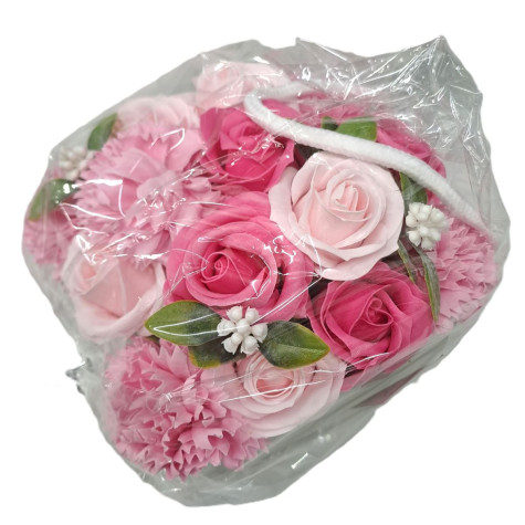 Mýdlové květy v dárkové tašce růže a karafiáty růžové ~ 4