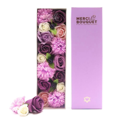 Dárkový box mýdlových květů dlouhý levandulové růže