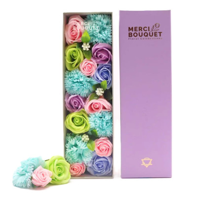 Dárkový box mýdlových květů dlouhý mix modrý