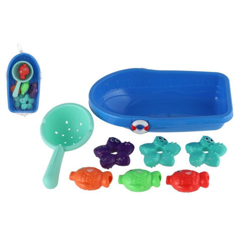 Sada do vany plast lodička, sítko s mořskými zvířátky v síťce 14x24cm ~ 1