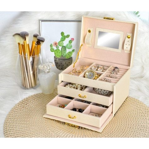 Šperkovnice se zrcadlem na klíč kufřík béžový Beautylushh 6347 ~ 2