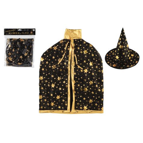 Teddies Čarodějnický klobouk a plášť pro děti černo-zlatý ~ 1