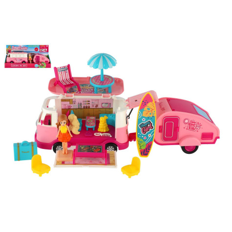 Auto obytné s vlekem retro s panenkou s doplňky v krabici ~ 1