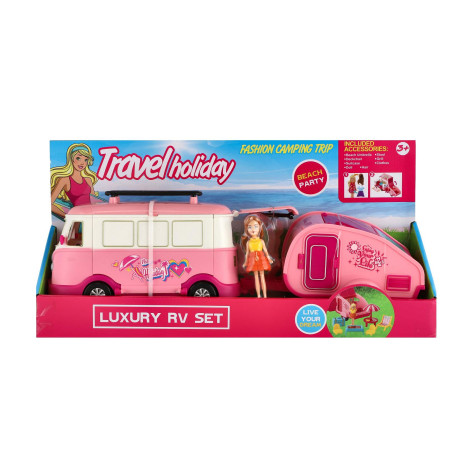 Auto obytné s vlekem retro s panenkou s doplňky v krabici ~ 6
