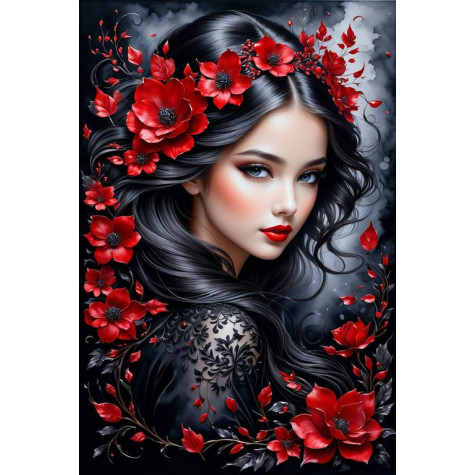 Norimpex Diamantový obrázek malování 30x40cm - Černovláska s červenými květy ~ 1