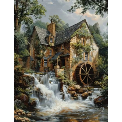 Norimpex Diamantový obrázek malování 30x40cm - Dřevěný mlýn u řeky a vodopádu
