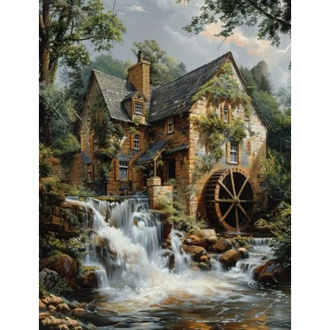 Norimpex Diamantový obrázek malování 30x40cm - Dřevěný mlýn u řeky a vodopádu ~ 1