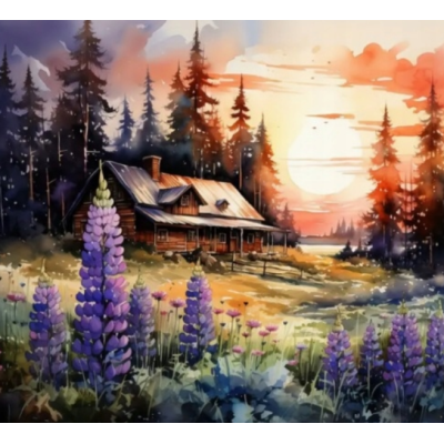 Norimpex Diamantový obrázek malování 30x40cm - Chata při západu slunce s hyacinty