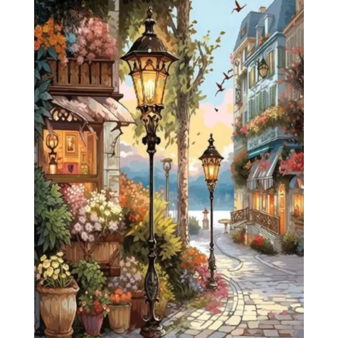 Norimpex Diamantový obrázek malování 30x40cm - Květinová ulice s lucernami ~ 1