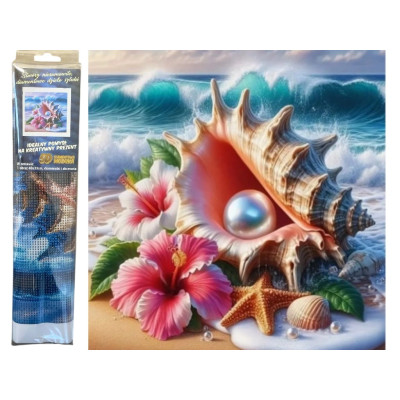 Norimpex Diamantový obrázek malování 30x40cm - Mušle s perlou a květinami na pobřeží