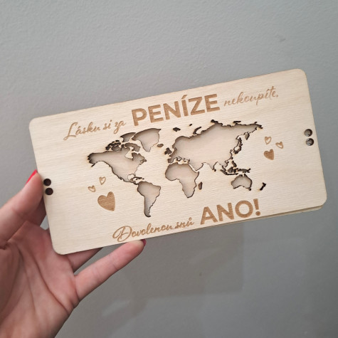 Dřevěná obálka na peníze Mapa 20x10cm - Dar na dovolenou snů ~ 2