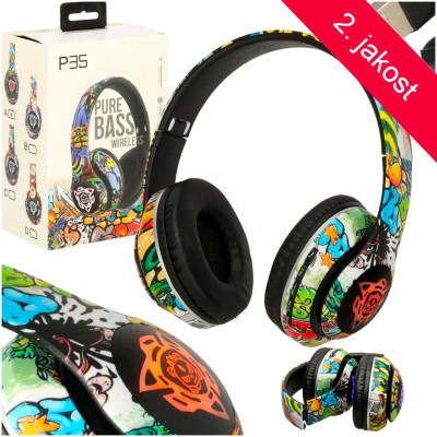2.JAKOST Bezdrátová sluchátka na uši P35 Bluetooth Grafiti barevná