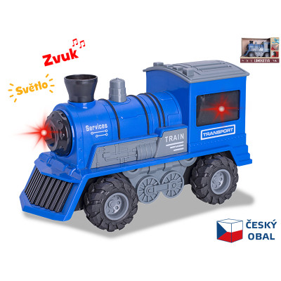 Lokomotiva modrá 22,5cm 1:16 na setrvačník na baterie se světlem a zvukem
