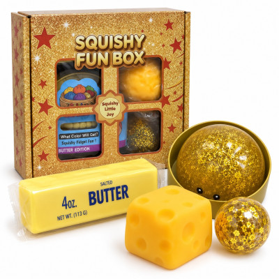 Squishy GOLD FUN BOX zlatá mačkací sada 4 ks