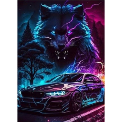 Norimpex Diamantový obrázek malování 30x40cm - Neonové auto s vlkem ~ 1