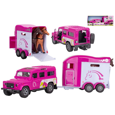 Land Rover růžový kov s přívěsem pro koně 28cm zpětný chod Kids Globe Horses