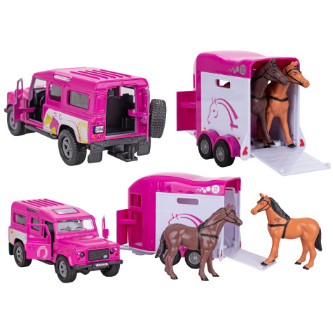 Land Rover růžový kov s přívěsem pro koně 28cm zpětný chod Kids Globe Horses ~ 3