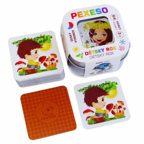 Hmaťák Pexeso Dětský rok voděodolné 64 karet v plechové krabičce ~ 1