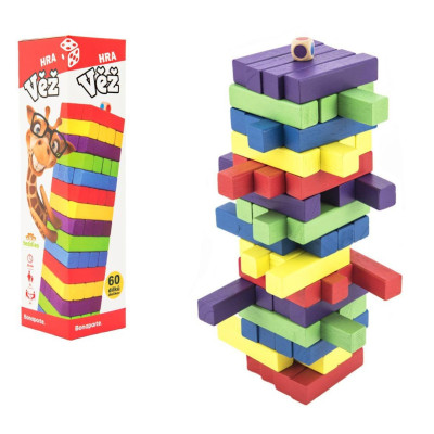 Hra věž dřevěná 60ks barevných dílků v krabičce 7,5x27,5x7,5cm