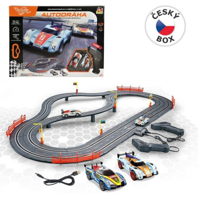 MaDe Autodráha 300 cm s mostem, 2 závodní auta 1:43, USB napájení