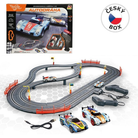 MaDe Autodráha 300 cm s mostem, 2 závodní auta 1:43, USB napájení ~ 1