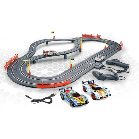 MaDe Autodráha 300 cm s mostem, 2 závodní auta 1:43, USB napájení ~ 2